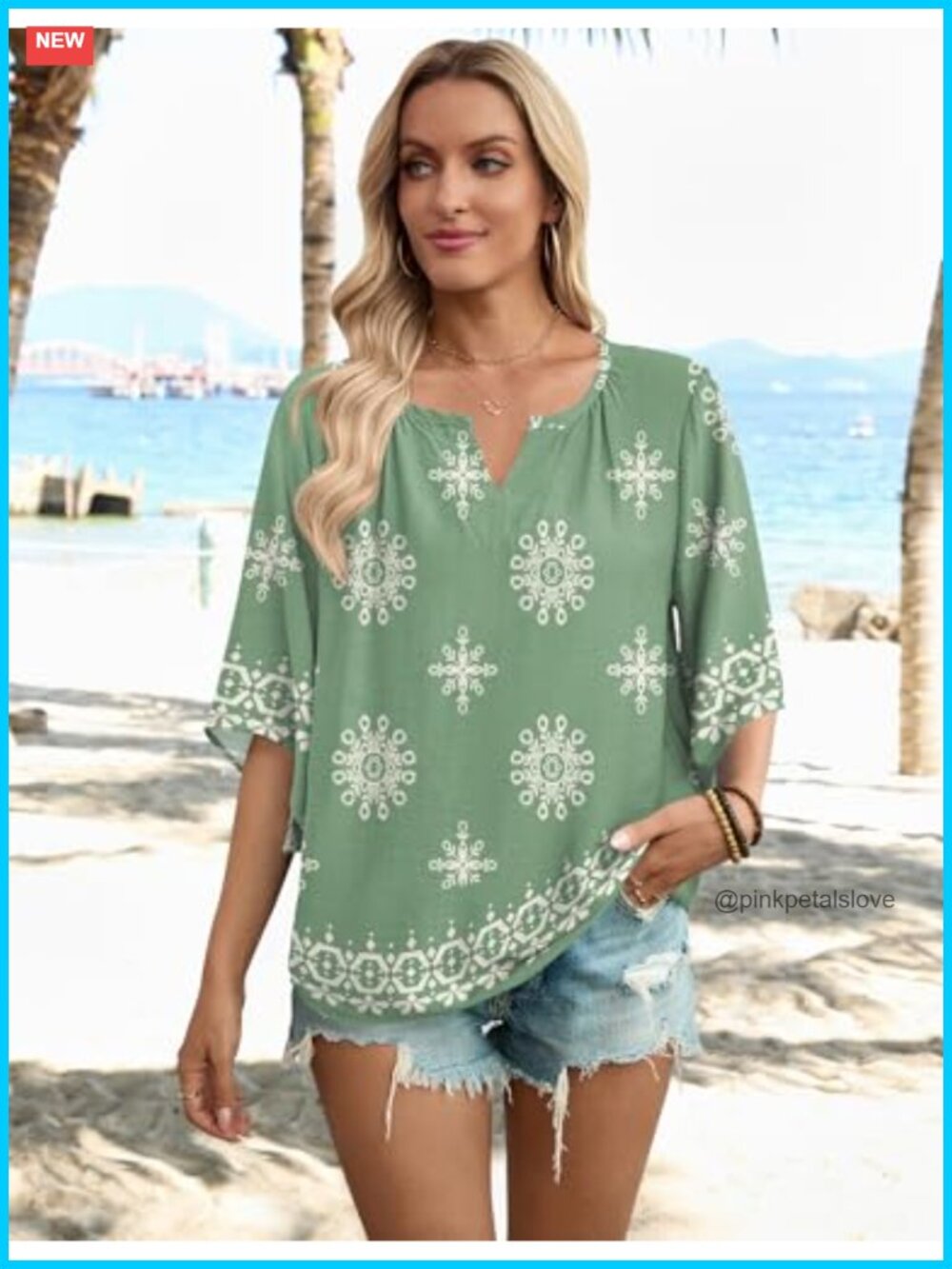 3/4 Sleeve Boho V Neck Tunic Blouse Loose Fit Peasant Top - Picture 3 of 6